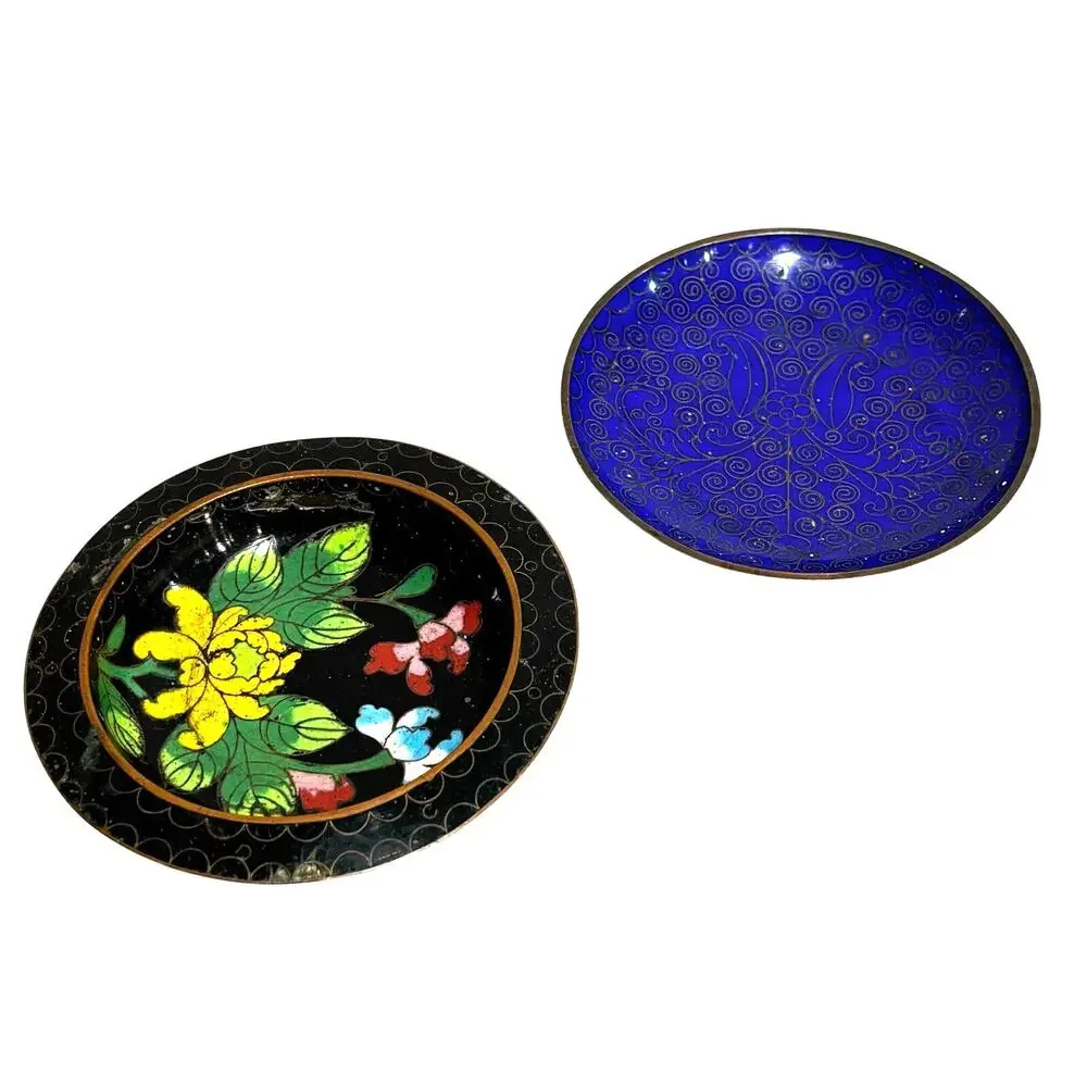 Two small enamel on brass Cloisonne mini plates Asian motif vintage decorative